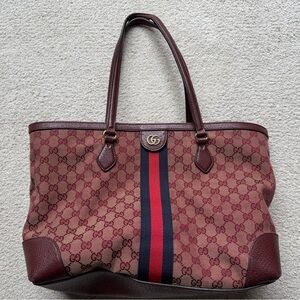GUCCI Ophidia Medium GG Supreme Canvas Tote Bag Purse Burgundy RARE!! Authentic